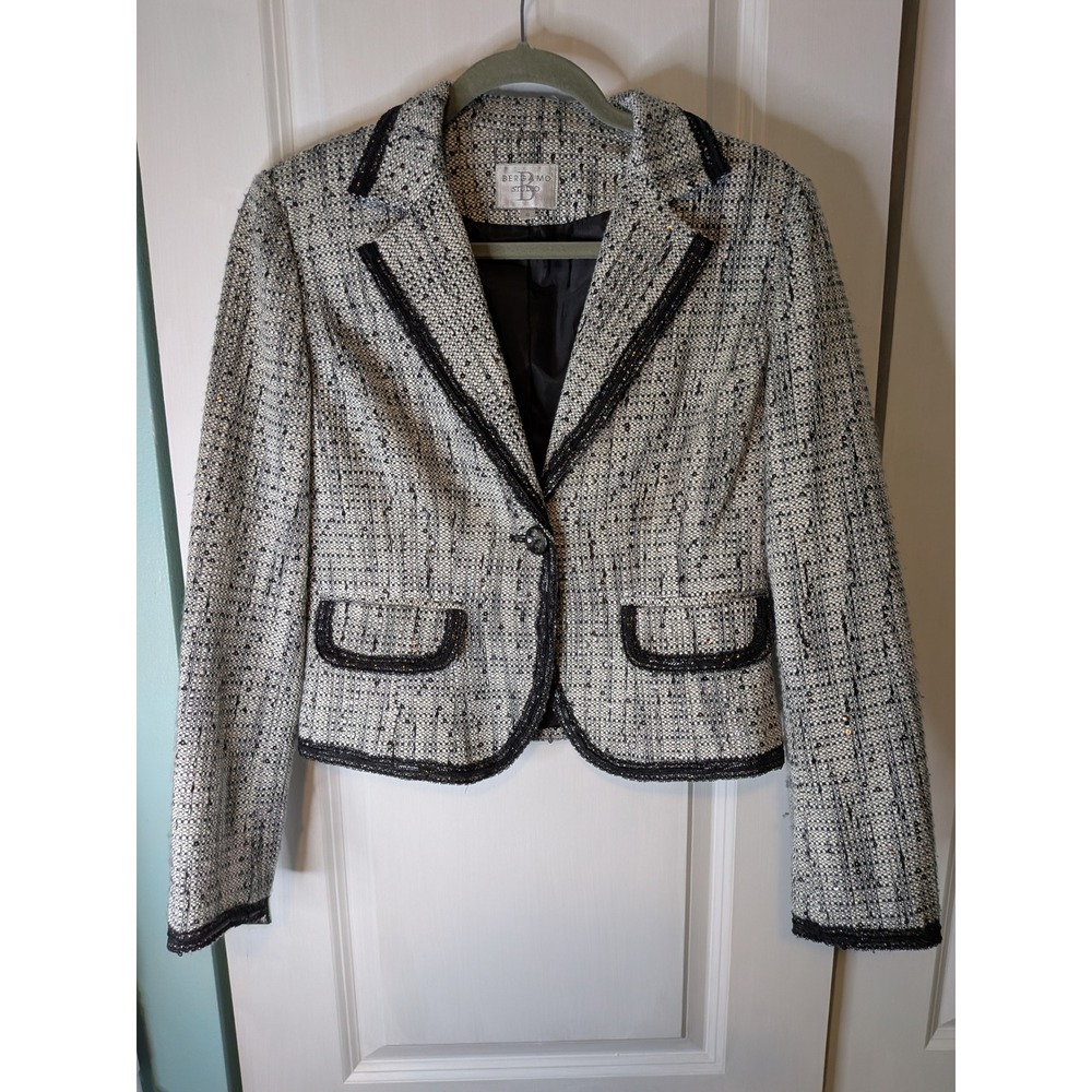 Bergamo Studio Womens Black White Sequin Tweed Blazer Jacket Size 6 ST973